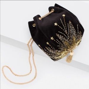 Zara beaded black velvet evening bucket bag